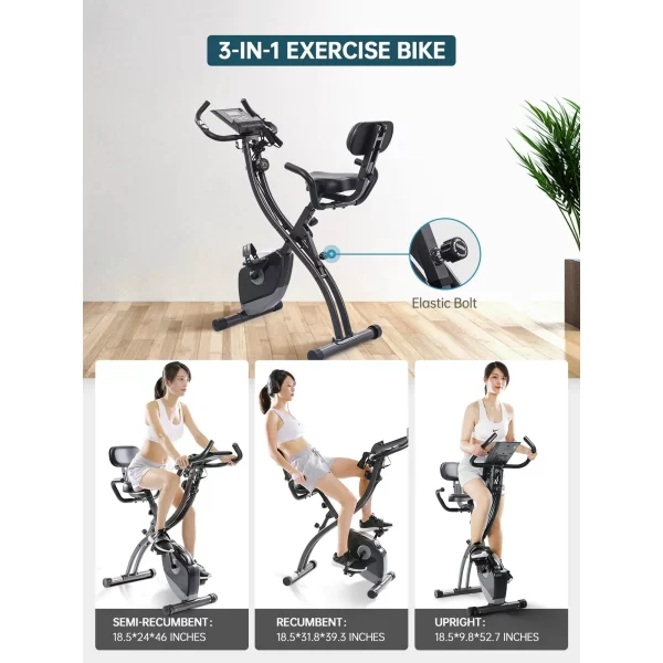 MaxKare 3-in-1 Exercise Bike Quiet Folding Magnetic Stationary Exercise Bikes with Arm Resistance Bands Home Workout Use