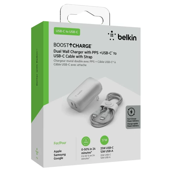 Belkin 37-Watt USB-C Wall Charger - Power Delivery 25W USB-C Port + 12W USB-A Port for PPS Charging Apple iPhone 15, 15 Plus, 15 Pro, 15 Pro Max, iPhone 14 Pro, 14 Pro Max, Samsung Galaxy S23, & More