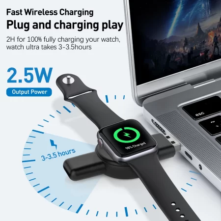 Portable Wireless Charger for Apple Watch Ultra Series 9 8 7 6 5 4 3 2 SE, Magnetic iWatch USB-C&USB-A Charger, Light Weight Travel Cordless Charger with Quick Charge for Galaxy Watch 1-5