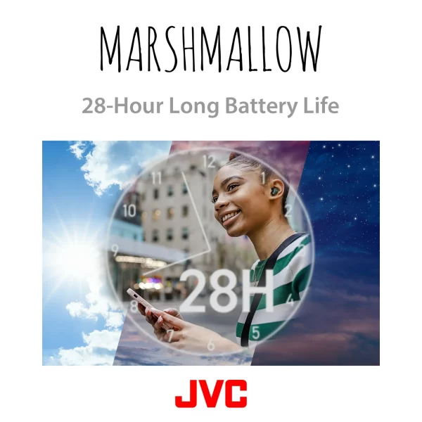 JVC New Marshmallow True Wireless Earbuds Headphones, Long Battery Life (up to 28 Hours), Sound with Neodymium Magnet Driver, Including Memory Foam Earpieces - HAA18TB (Black)