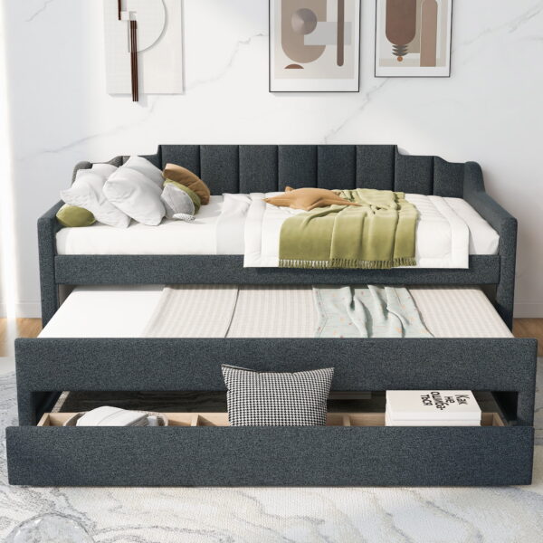 EUROCO Twin Size Upholstery Daybed, Storage Sofa Bed with Drawers and Moveable Twin Trundle Bed for Kids and Adults, No Box Spring Needed, Dark Gray